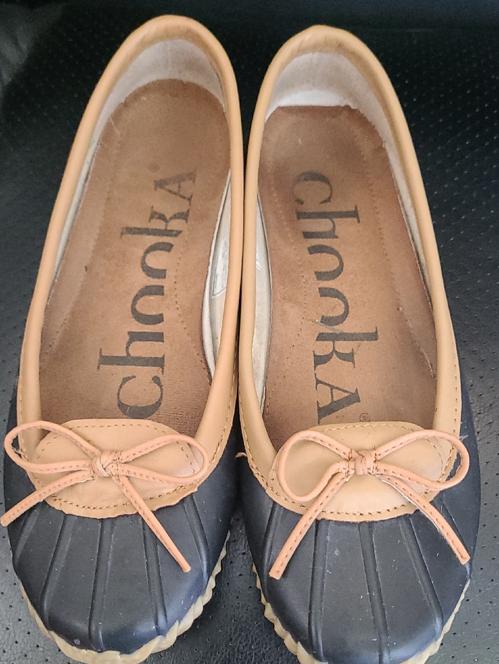 chooka Black and Tan Duck-Style Ballet Flats with Bow